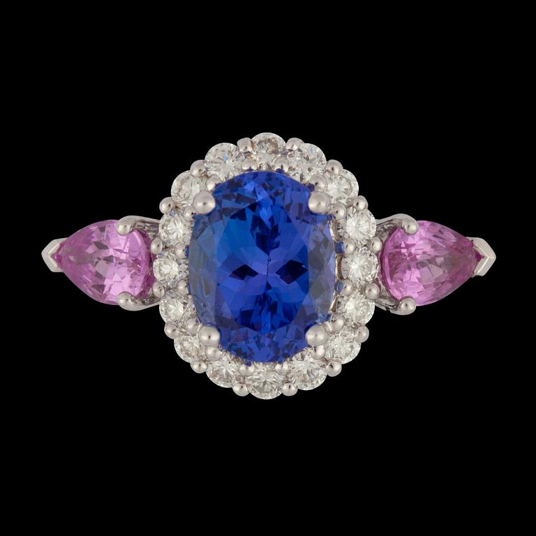 A 2.00 cts tanzanite, pink sapphire and brilliant cut diamond ring.