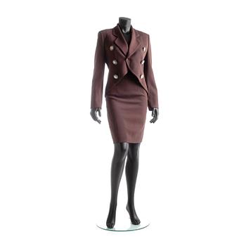 CHRISTIAN DIOR,  a two-picee brown wool dress consisting of jacket and skirt.