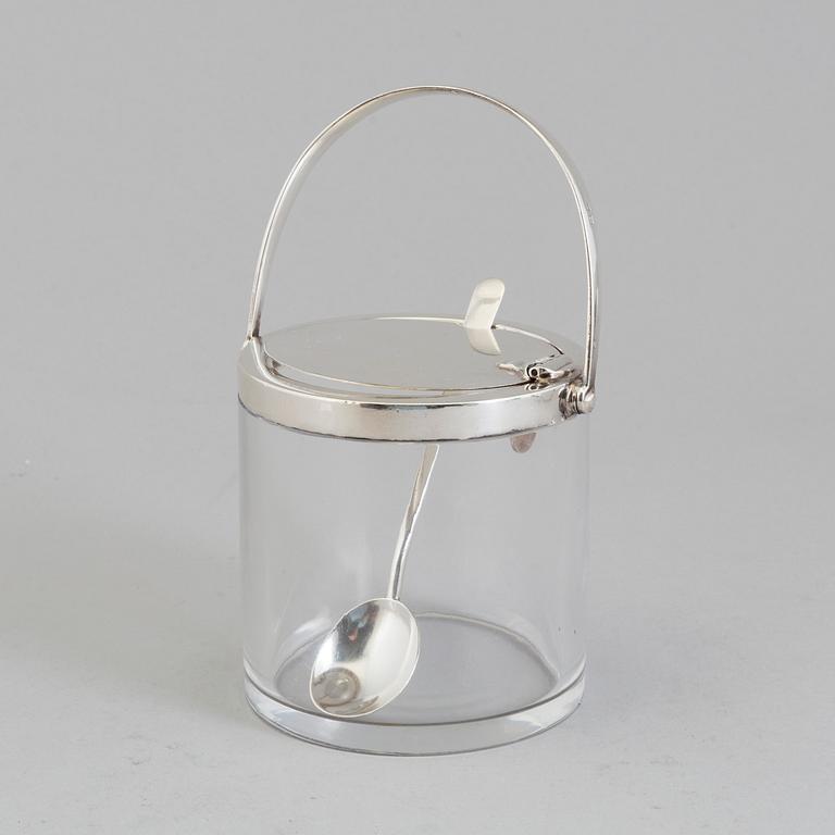 A glass and silver marmelade jar and spoon by Hukin & Heath Birmingham, England, 1934.