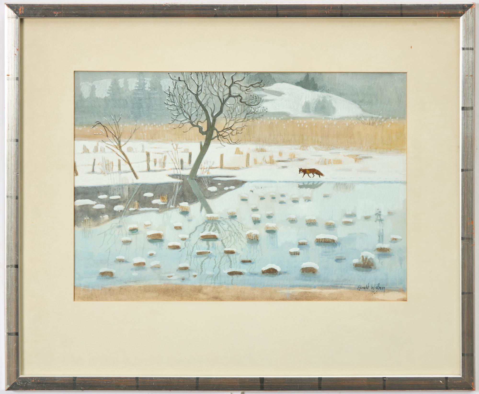 Harald Wiberg, Winter landscape with fox by frozen lake.