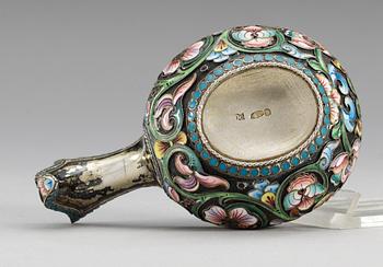 A RUSSIAN SILVER-GILT AND ENAMEL KOVSH, makers mark of the 20th Artel, Moscow 1908-1917.