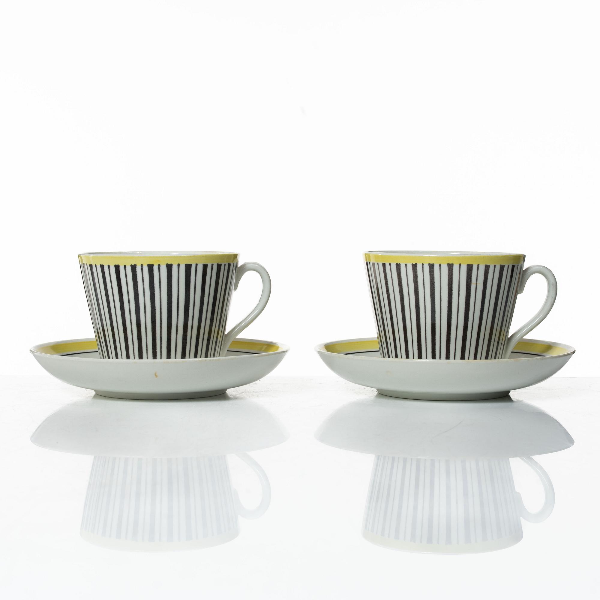 Helmer Ringström, tekoppar med fat, 4 st, flintgods, "Vera", Upsala-Ekeby Gefle.