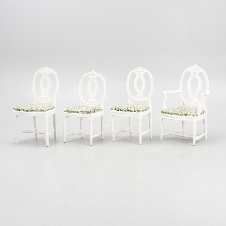 Nine similar Gustavian chairs and one armchair, Sweden, around 1800.