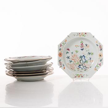 A group of seven Chinese famille rose plates, Qing dynasty, 18th century.