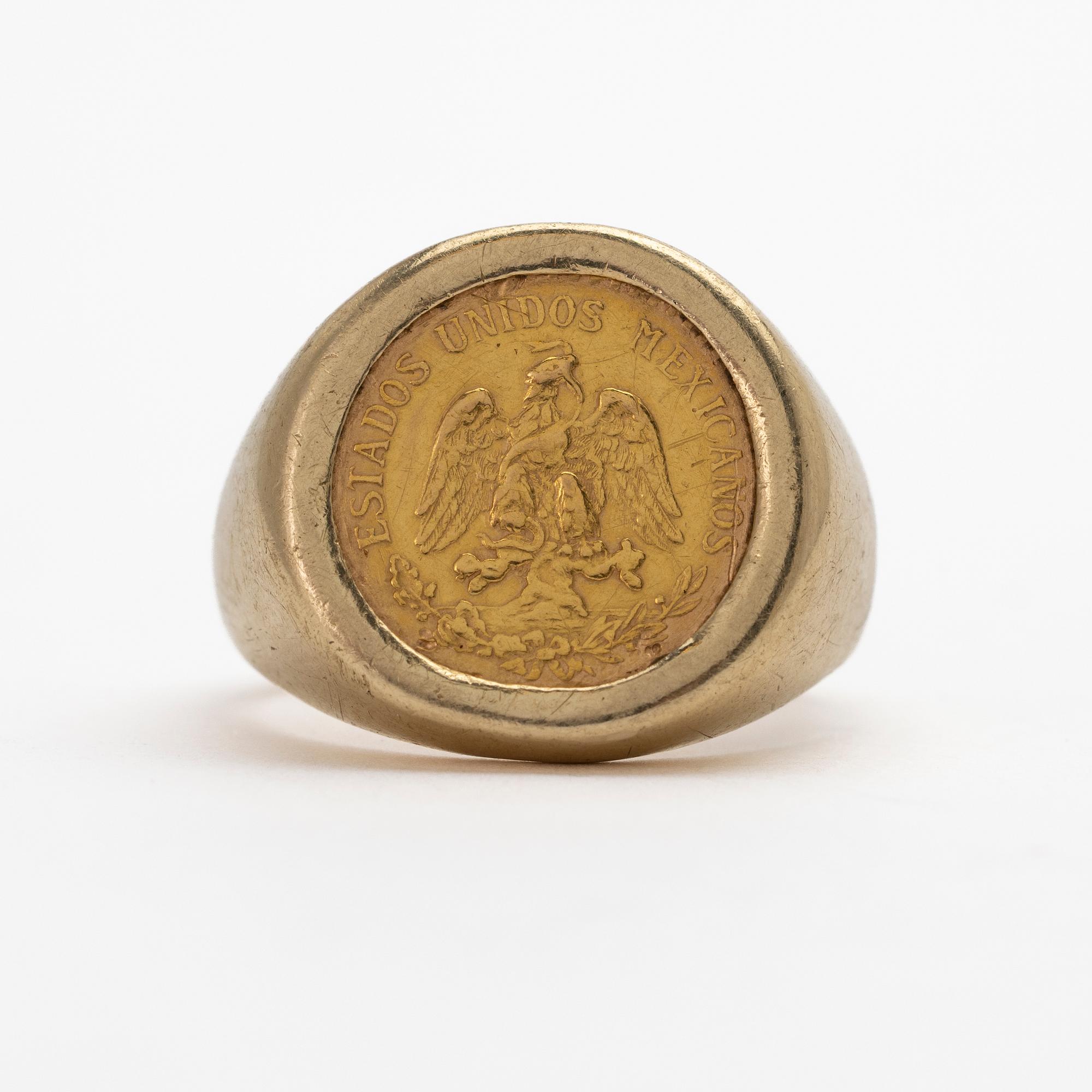 Ring, 14 k guld, monterat mynt, 21,6 k guld, dos y medios pesos, Estados Unidos Mexicanos.