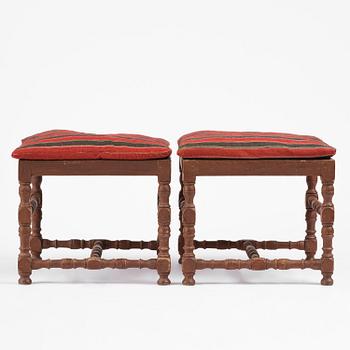 A pair of Swedish baroque stools, circa 1700.