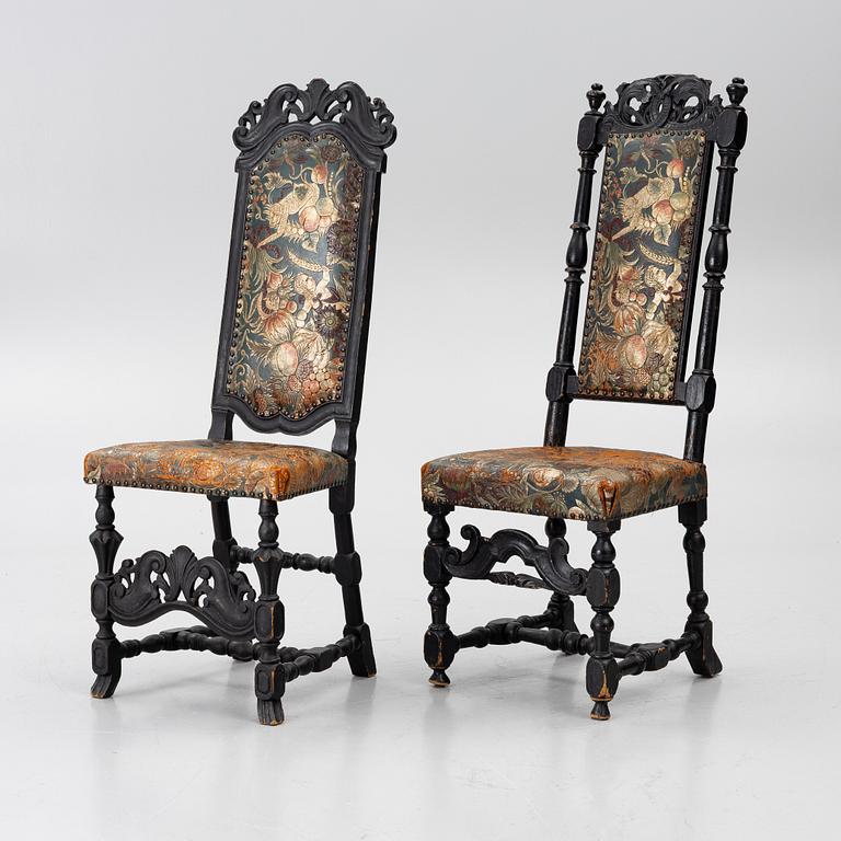 Two chairs, Caroline Baroque, 18th century.
