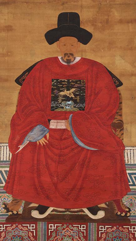 A large Chinese ancestor portrait by anonymous artist, Qing dynasty, 19th century.