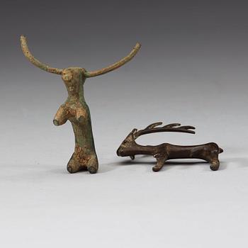 Two bronze figures in the shape of a bull and a stag, presumably Scythian, about 700 B.C. - 200 A.D.