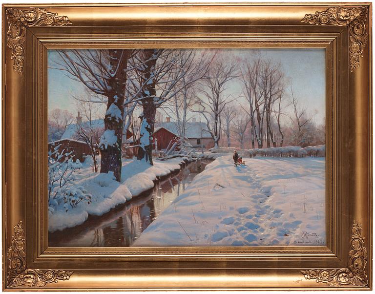 Peder Mork Mönsted, A winter landscape with children sledding.