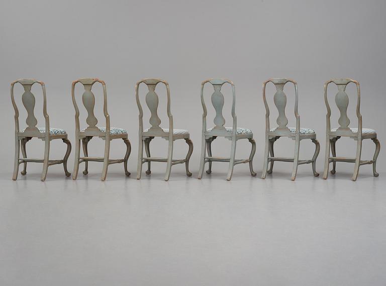 A set of six Swedish Rococo chairs, mid 18th century.