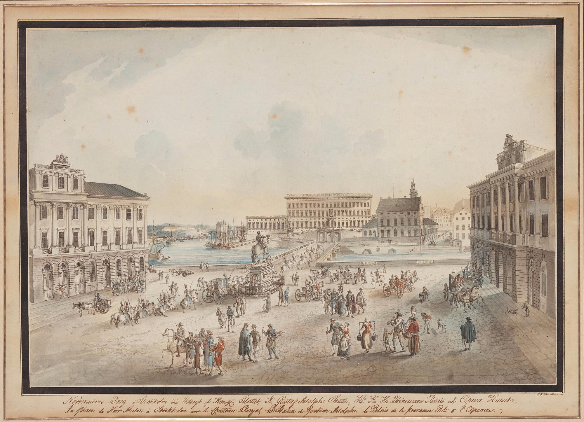 Johan Fredrik Martin, "Utsigt af Norrmalms Torg, Gustaf Adolphs Statue, Kongl Slottet, H.K. Höghets Prinsessans Palais samt Opera Huset".