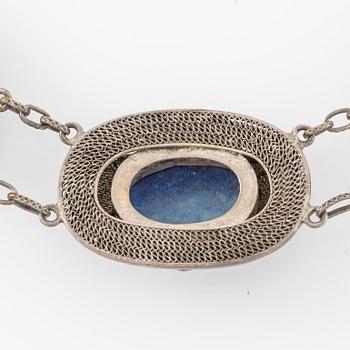 Necklace and earrings, silver with lapis lazuli.