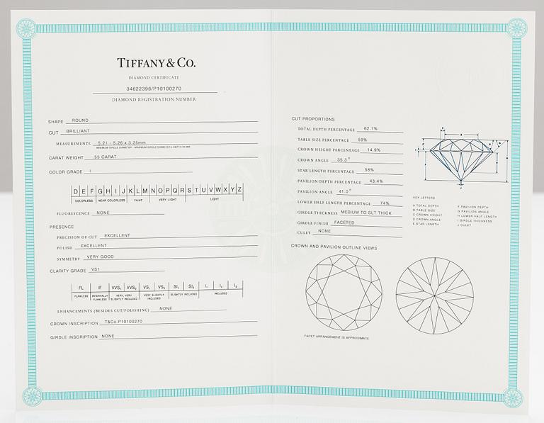 Tiffany & Co, A platinum ring with a ca. 0.55 ct diamond.