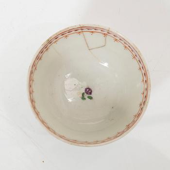 A set of five famille rose tea cups, Qing dynasty, 18th century and a bowl, Qing dynasty, 19th century.