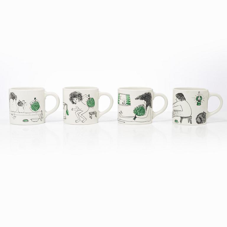 Gunvor Olin-Grönqvist, mugs, 4 pcs and a jug, Arabia, Finland, second half of the 20th century.