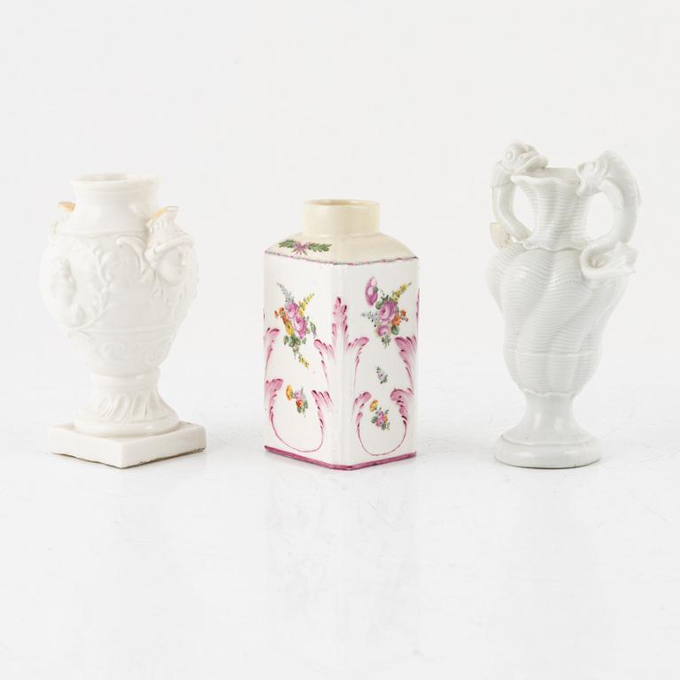 Two white glazed Nymphenburg vases and a Swedish Marieberg tea caddy, 18th Cenury.