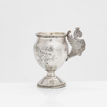 A silver charka with griffin handle, Moscow, turn of the 20th century.