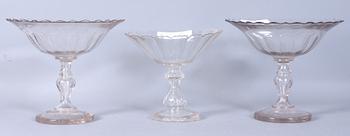 SKÅLAR PÅ FOT, 3 st, glas, 1900-tal.