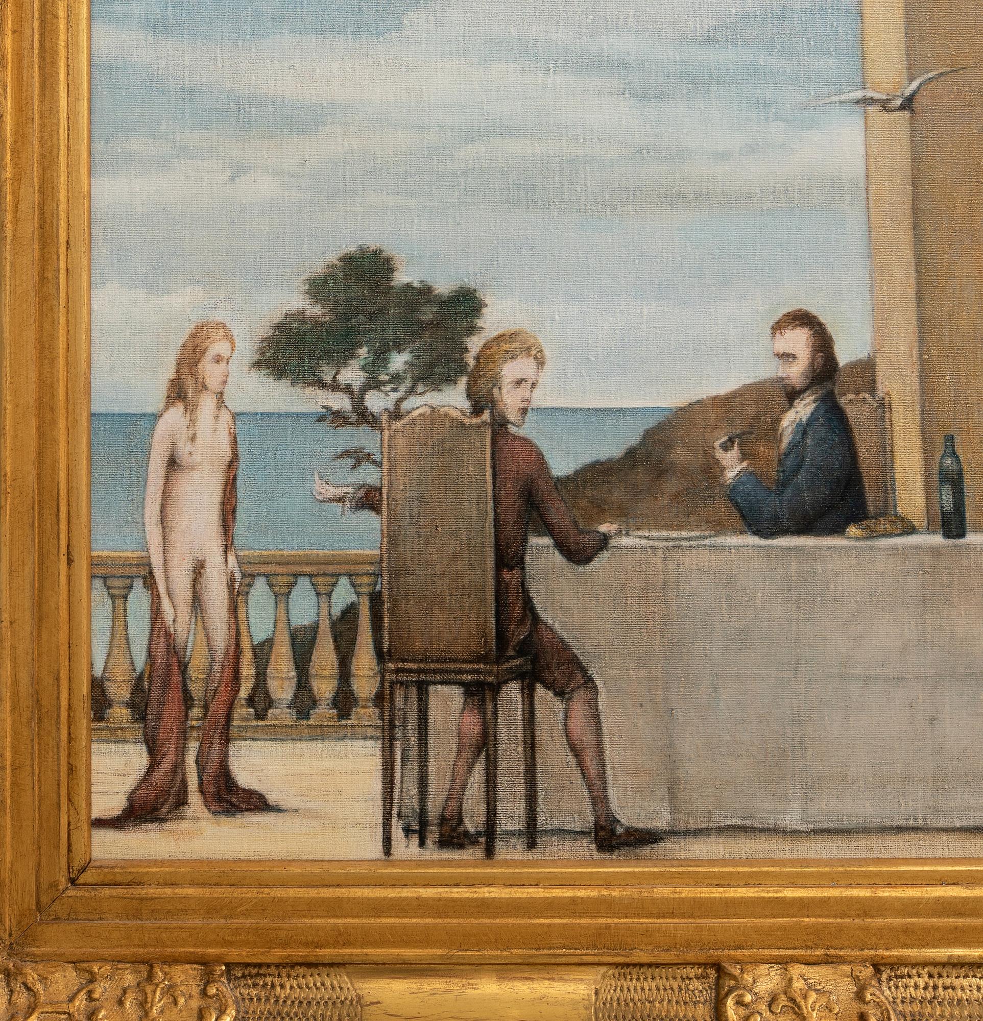 Unknown artist 20th century, Surrealist landscape with figures and buildings.