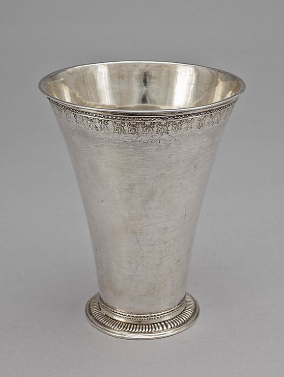 A Swedish 18th century parcel-gilt beaker, makers mark of Lars Haeggberg, Kalmar (1743-1760).