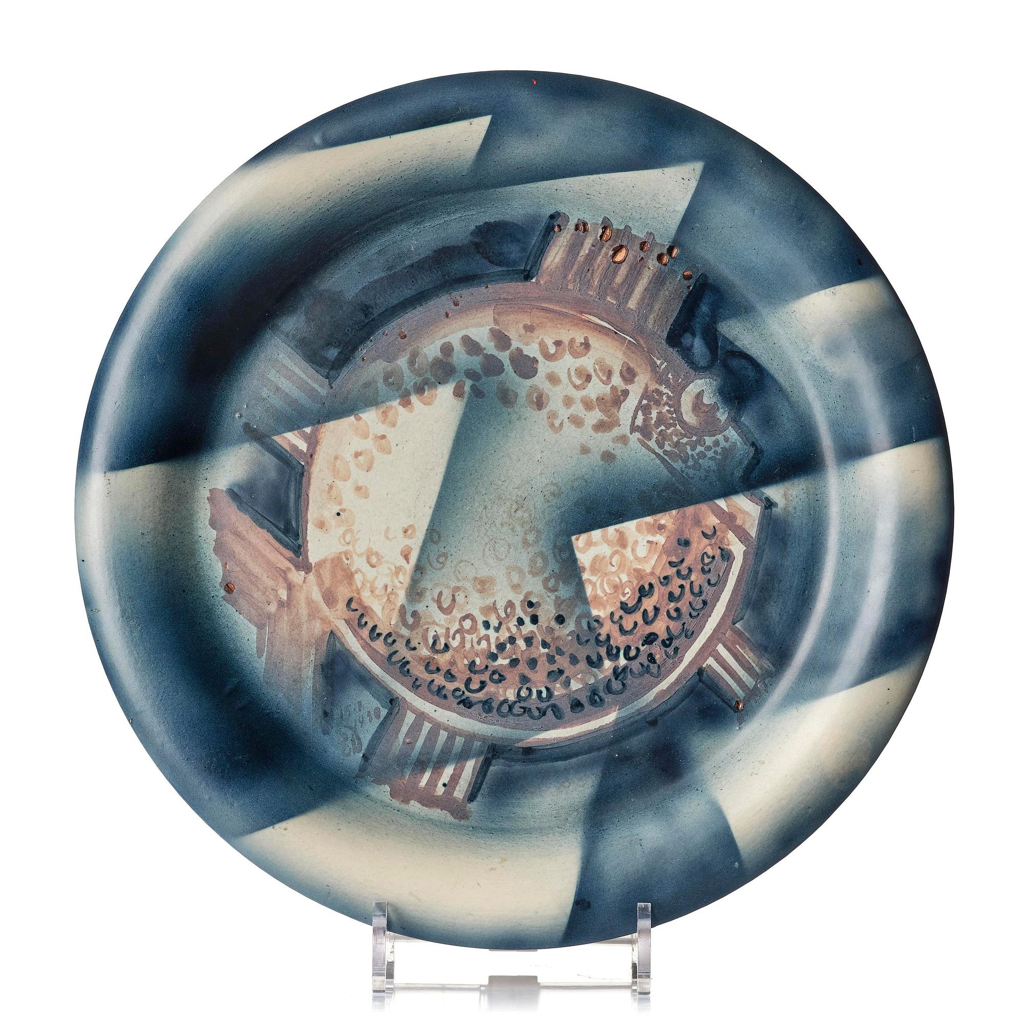 Ewald Dahlskog, a faience dish, Bobergs Fajansfabrik, Gävle, dated 15.8. 1930.
