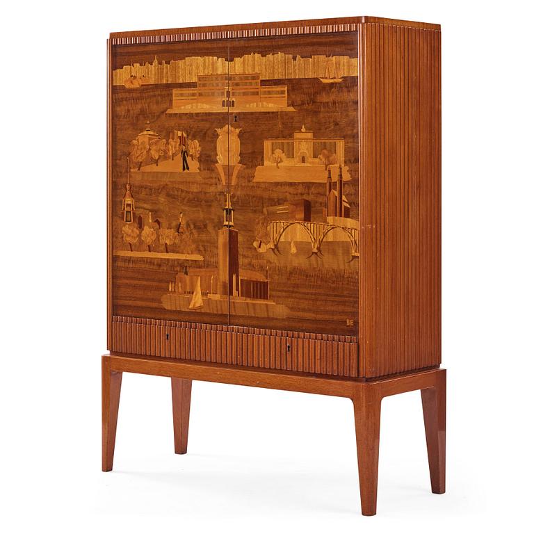 Erik Mattsson, "Stockholm 1", a cabinet, ed. 12/12, executed by Birger Ekman, Mjölby Intarsia for AB Harry Carlsson Stockholm, 1944.