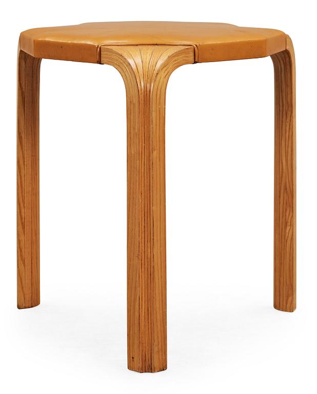 An Alvar Aalto 'X600' birch and yellow leather stool, Artek, Finland.
