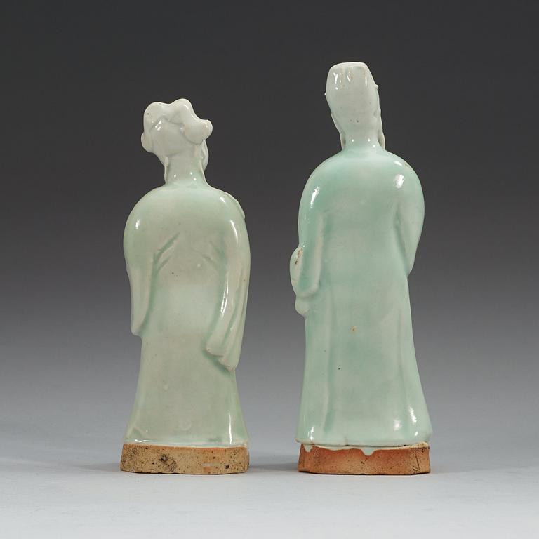Two celadon glazed figures of daoistic deities, Qing dynasty, 18th Century.