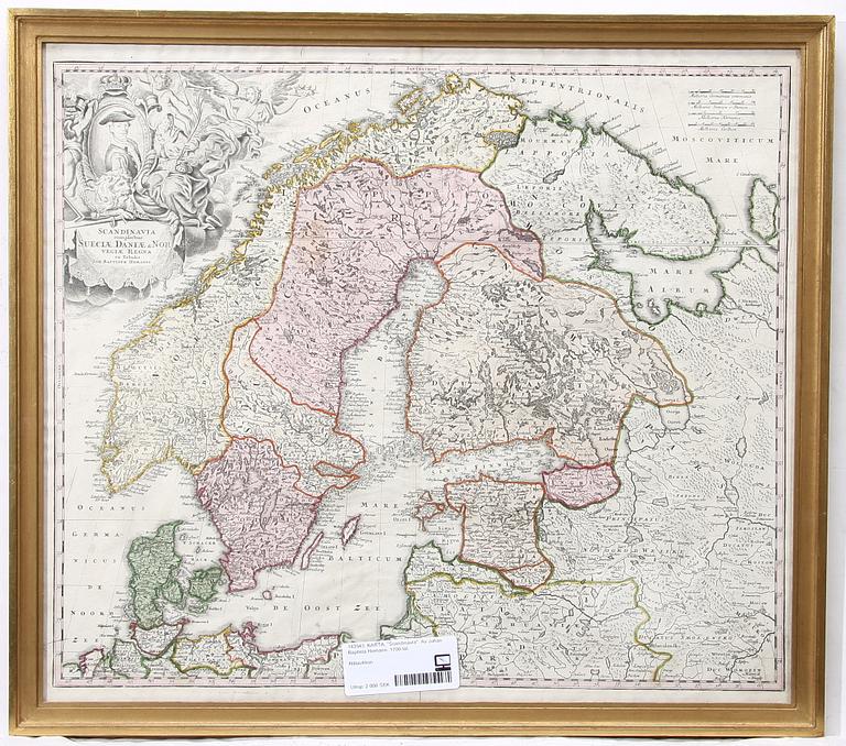 KARTA, "Scandinavia". Av Johan Baptista Homann. 1700-tal.