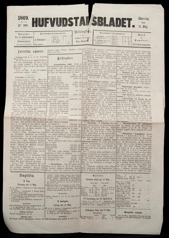 TIDNINGAR, 8 st, Hufvudstadsbladet, Helsingfors Tidningar m.fl. Helsingfors 1829-1881.