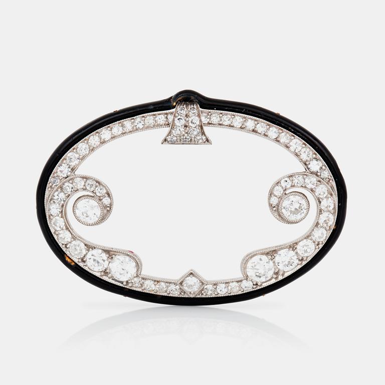 BROSCH, Art Deco, signerad Cartier N.Y, med gammalslipade diamanter samt emalj.