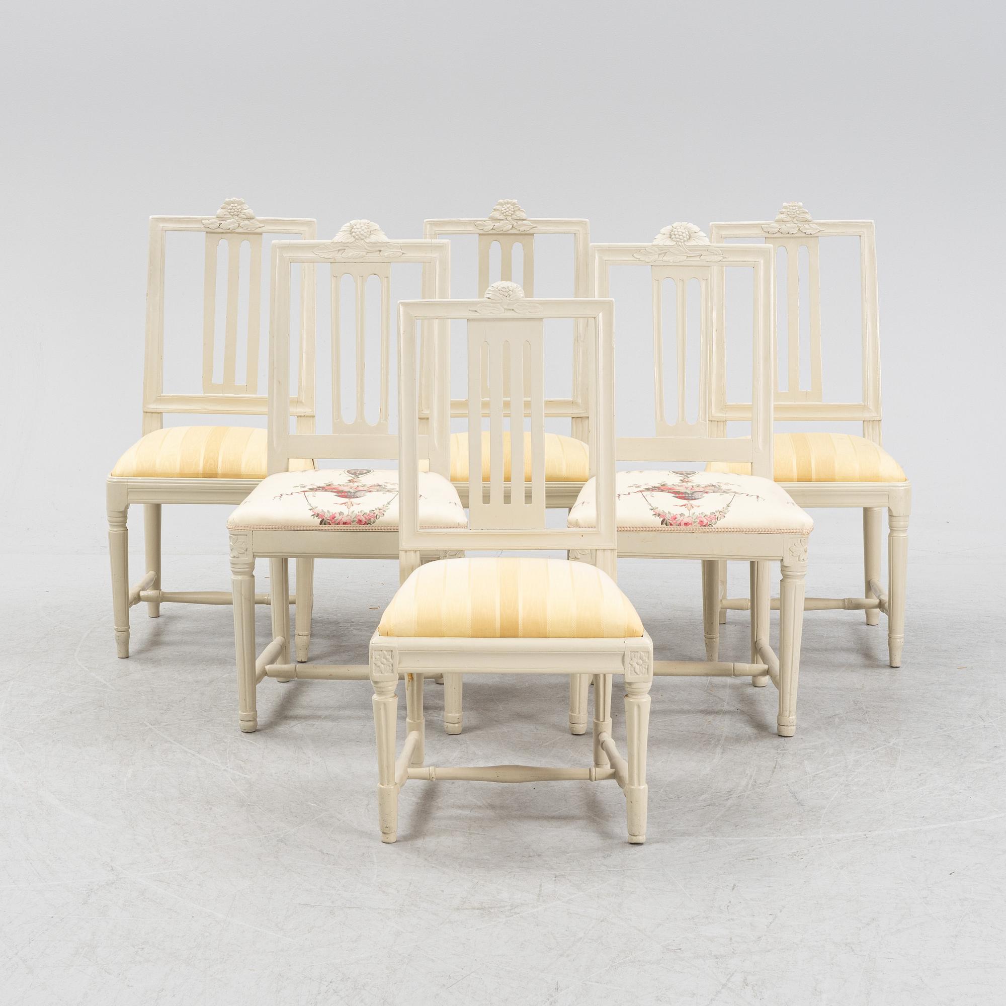 Stolar, 6 st olika, gustavianska Lindomearbeten. 17/1800-tal.