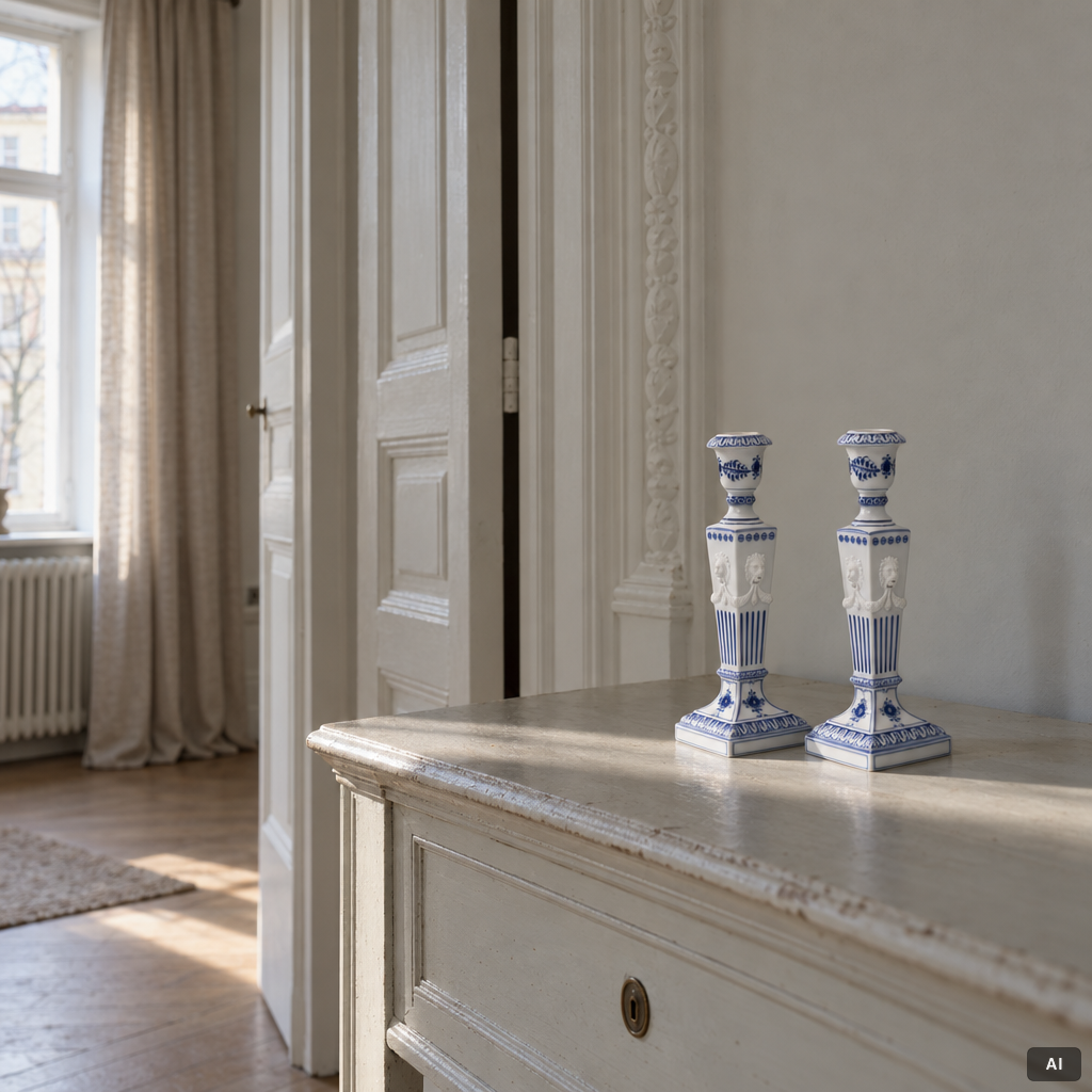 Royal Copenhagen, Candlesticks, a pair, porcelain, "Musselmalet", Denmark, 1935–1936 & 1980–1984.