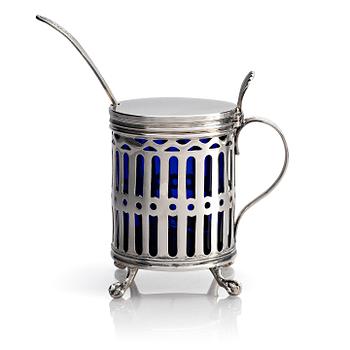 277. Pehr Zethelius, senapskanna samt sked, silver, Stockholm 1807. Empire.