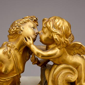 BORDSPENDYL, marmor och förgylld brons, märkt Pierre Duchesne, Louis XVI-stil, Frankrike, 1800-tal.