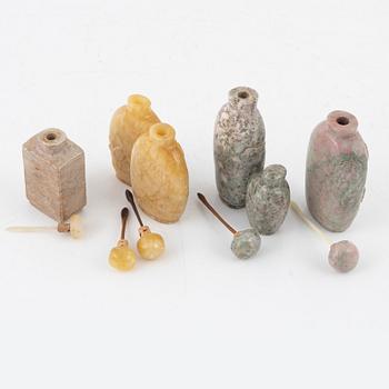 Eight snuff bottles, mottled stone, China, 20th century.