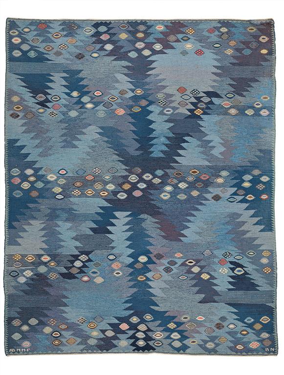 Barbro Nilsson, A CARPET, "Tånga blå, variant", flat weave, ca 259 x 206,5 cm, signed AB MMF BN.