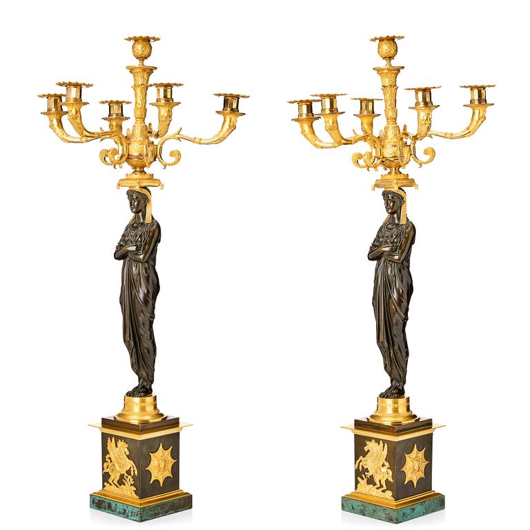 A pair of important six light Retour d`Egypt Empire candelabra.