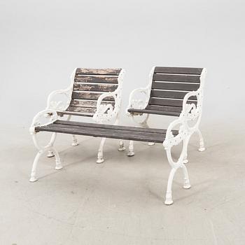 An pair of aluminum garden armchairs and bench from Byarums Bruk second half of the 20th century.