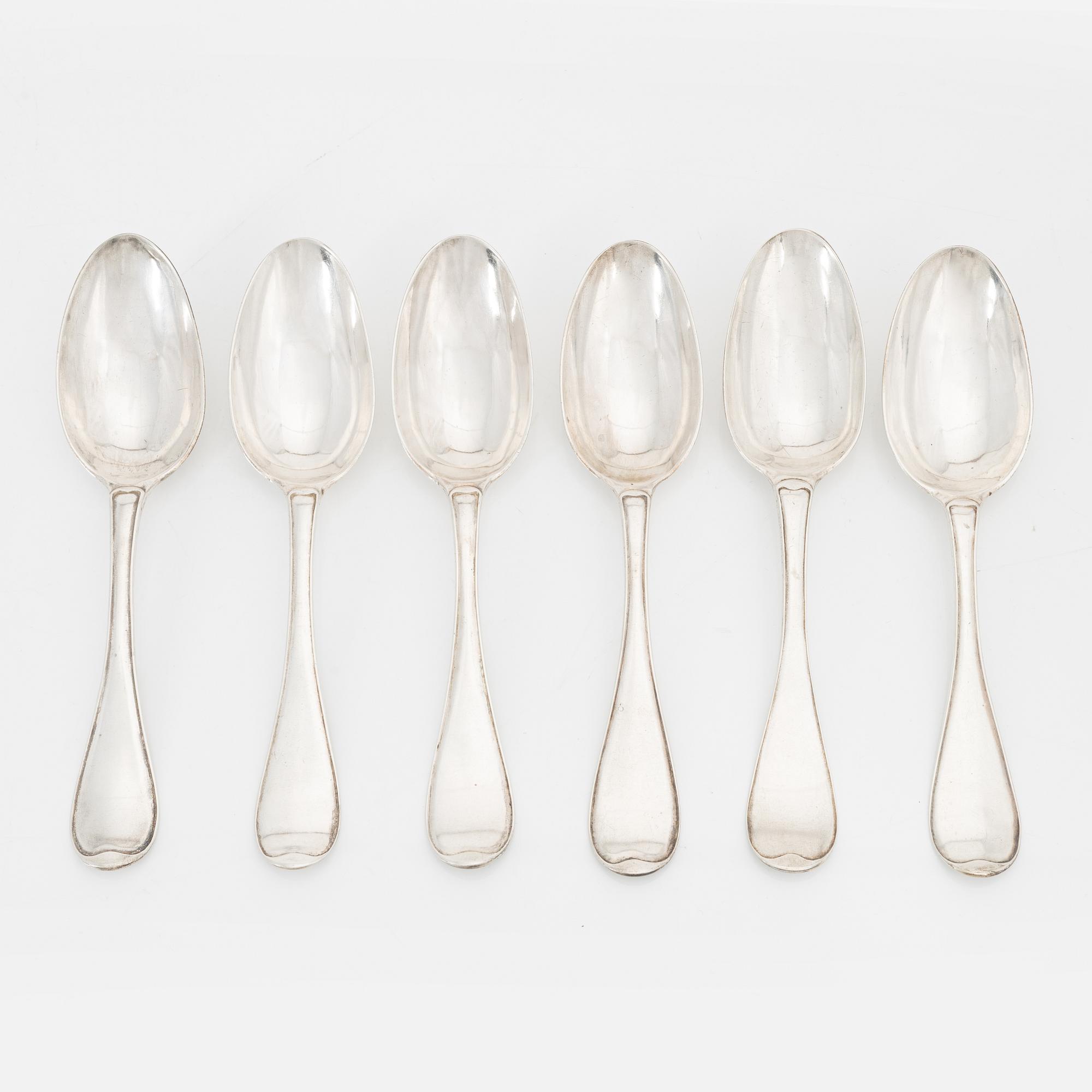 Skedar, 6 st, silver, Anders Brandt, Norrköping 1787 samt Petter Lund, Stockholm 1759.