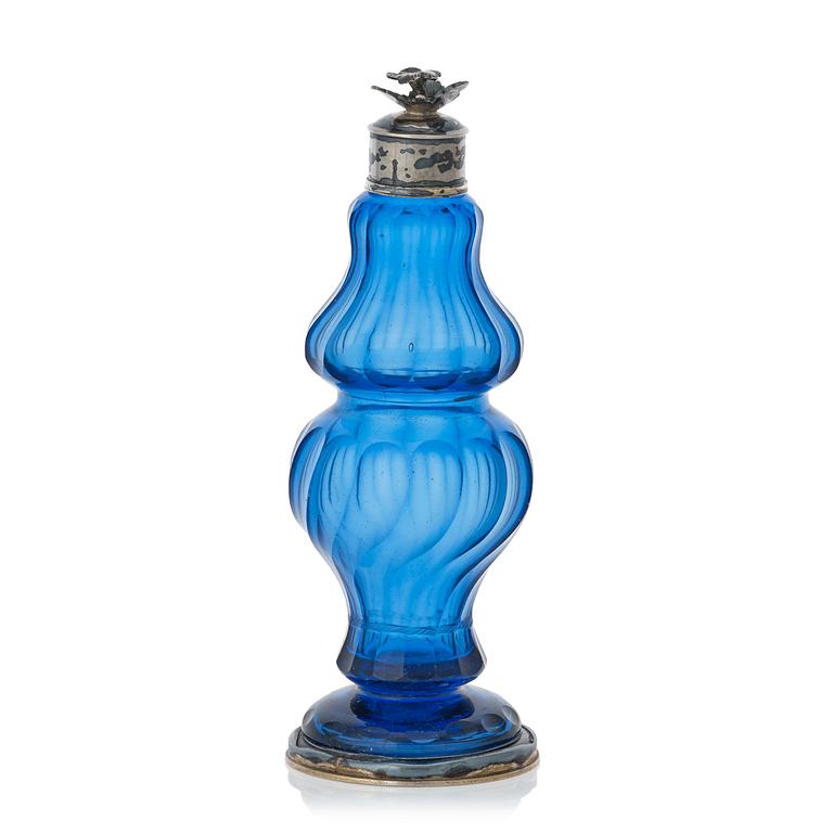 A Swedish Rococo blue glass and silver bottle, marked Lorenz Vick (Ulricehamn 1766-1808).