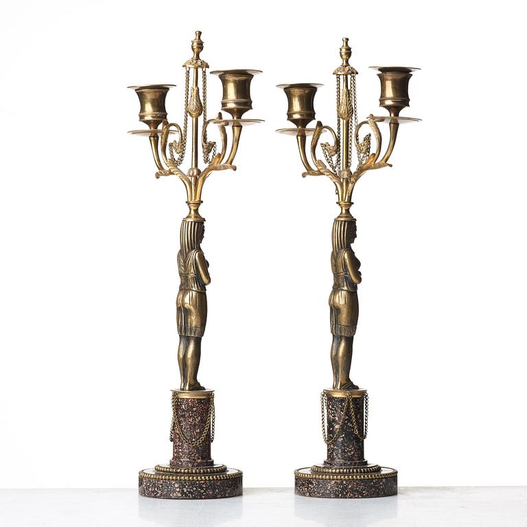 A pair of late Gustavian circa 1800 two-light candelabra.