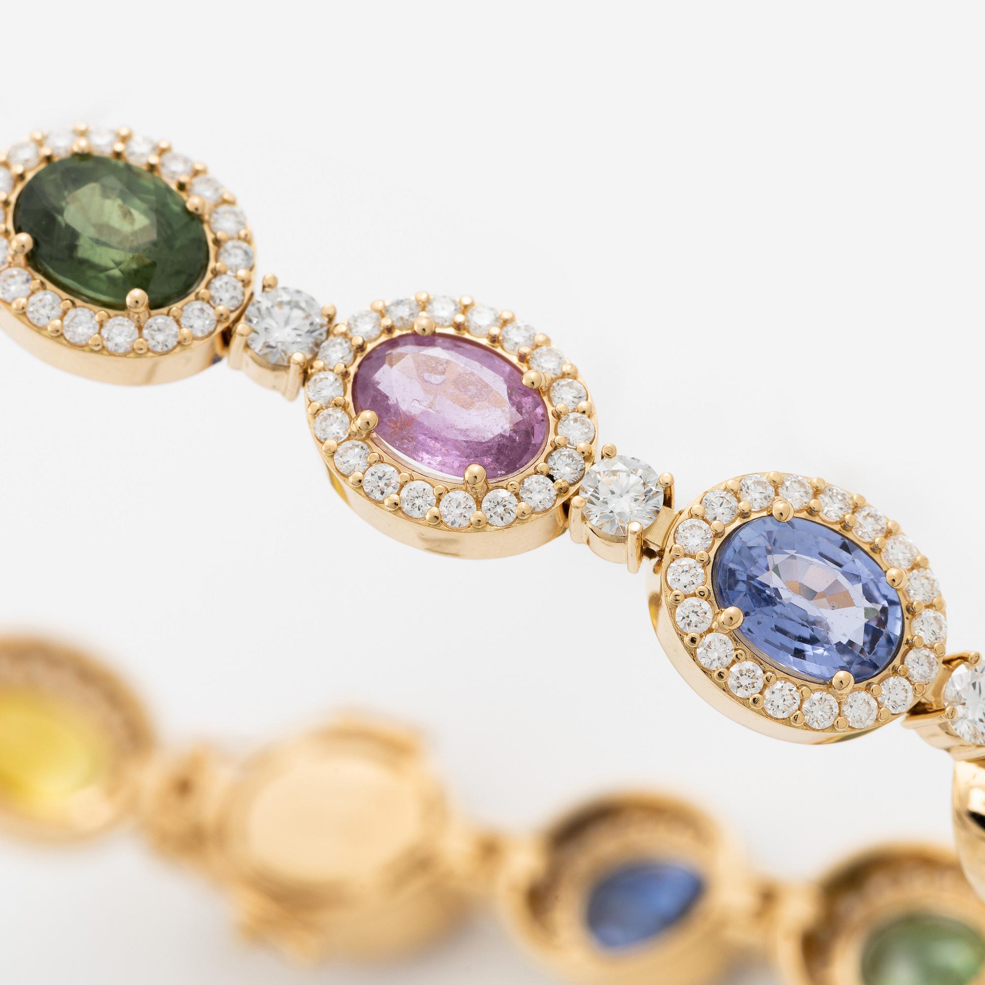 Bracelet 18K gold with oval multi-coloured sapphires and round brilliant-cut diamonds.