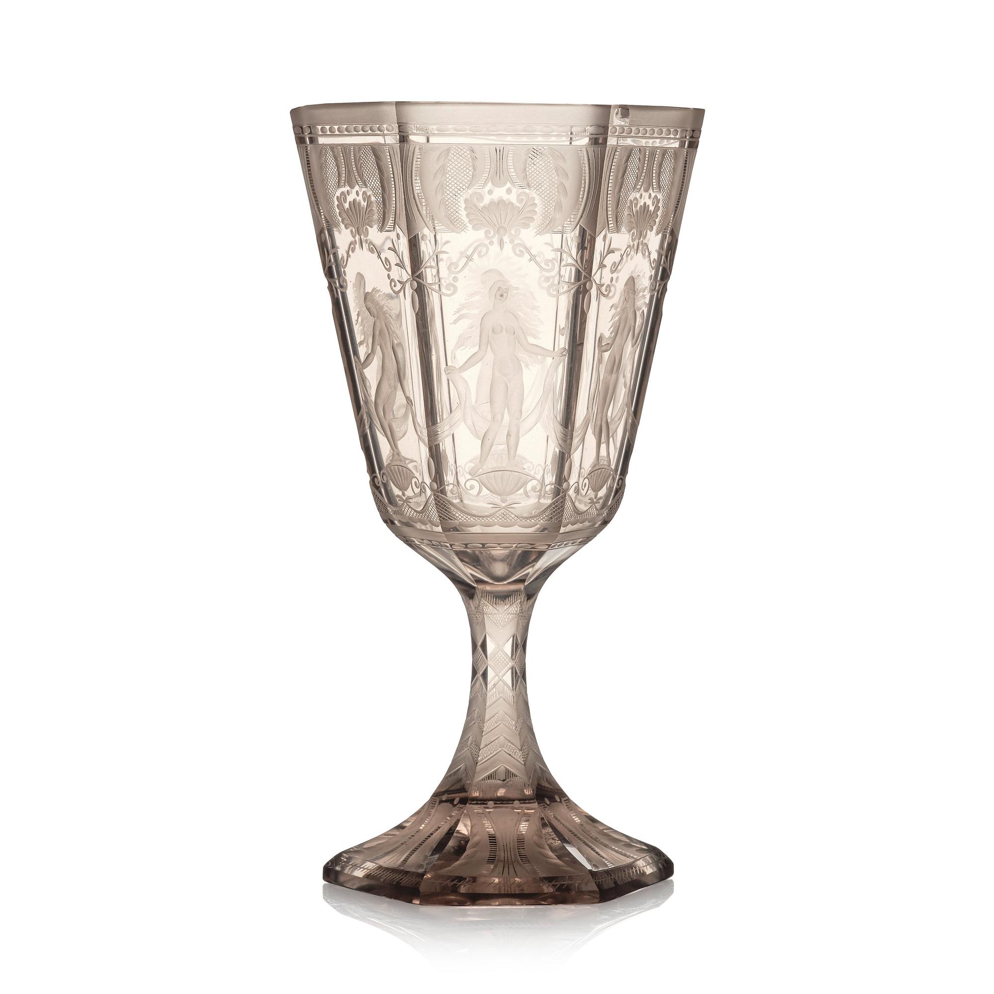 Simon Gate, pokal, graverat glas, "Sex Gracer", Orrefors, 1927.