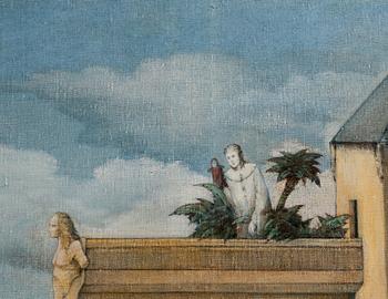 Unknown artist 20th century, Surrealist landscape with figures and buildings.