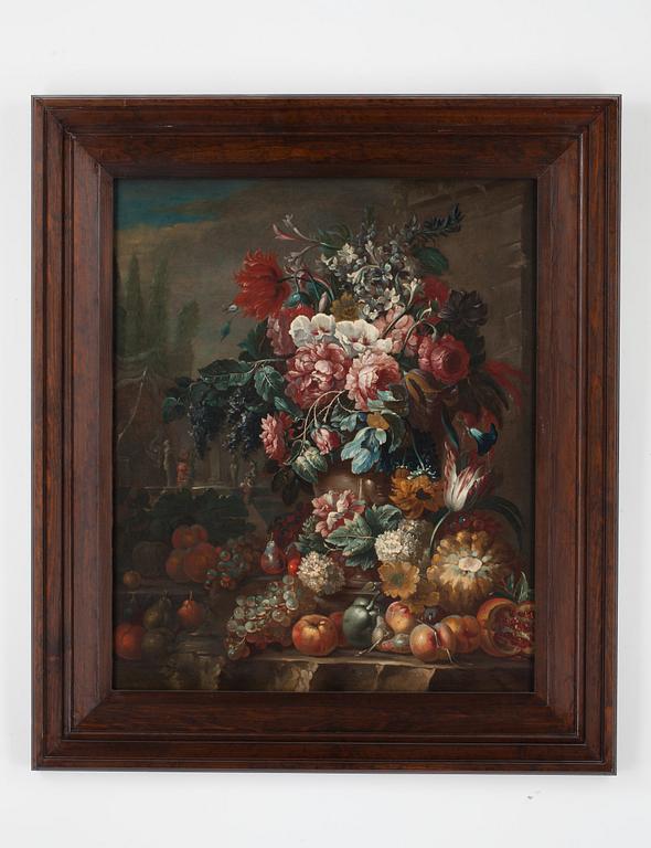 Nicola Malinconico Circle of, Still life with flowers, fruits and rabbits.