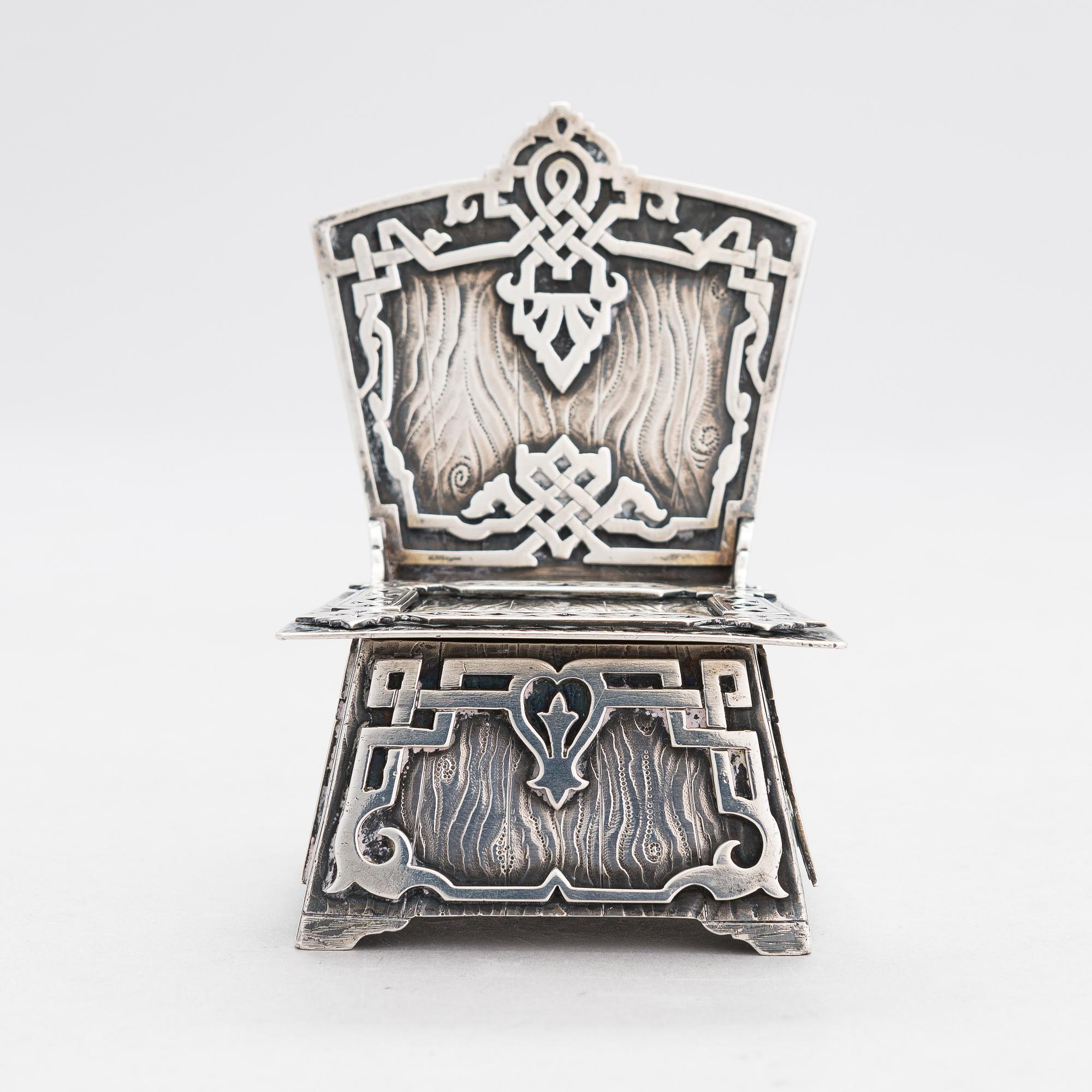 A Pan-Slavic silver salt chair, Nichols & Plinke, marked KA, Saint Petersburg 1870.