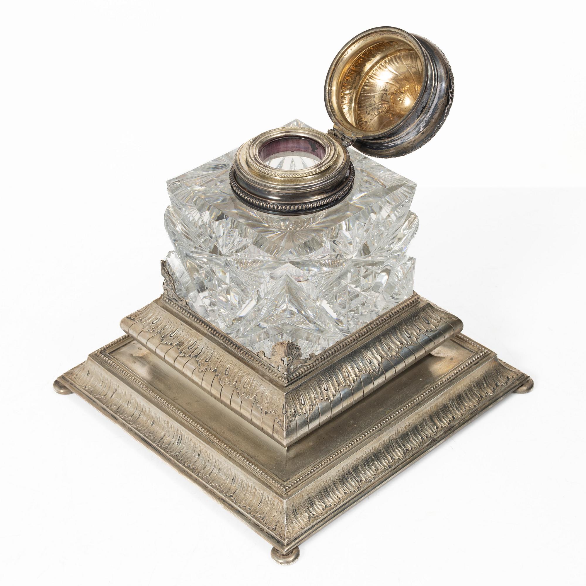 A Russian inkwell, silver and glass, Morozov, St. Petersburg, Russia, turn of the 20th century.