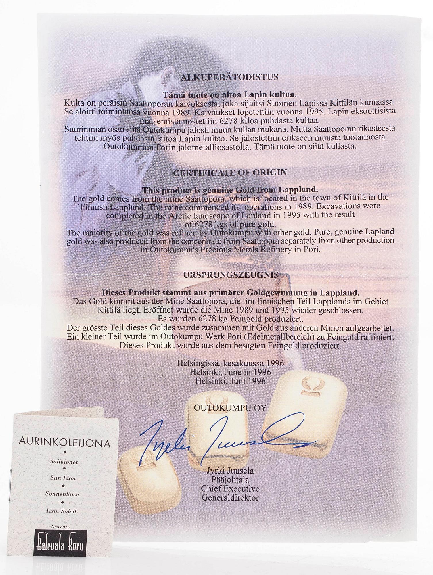 Kalevala Koru, an 18K gold 'Sun Lion* necklace, Helsinki 1997, numbered 137/180.